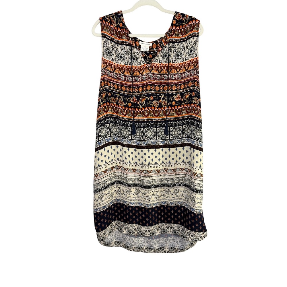 Beachlunchlounge Boho Batik Print Sleeveless Tassel Shiftā Dress XXL Navy Orange